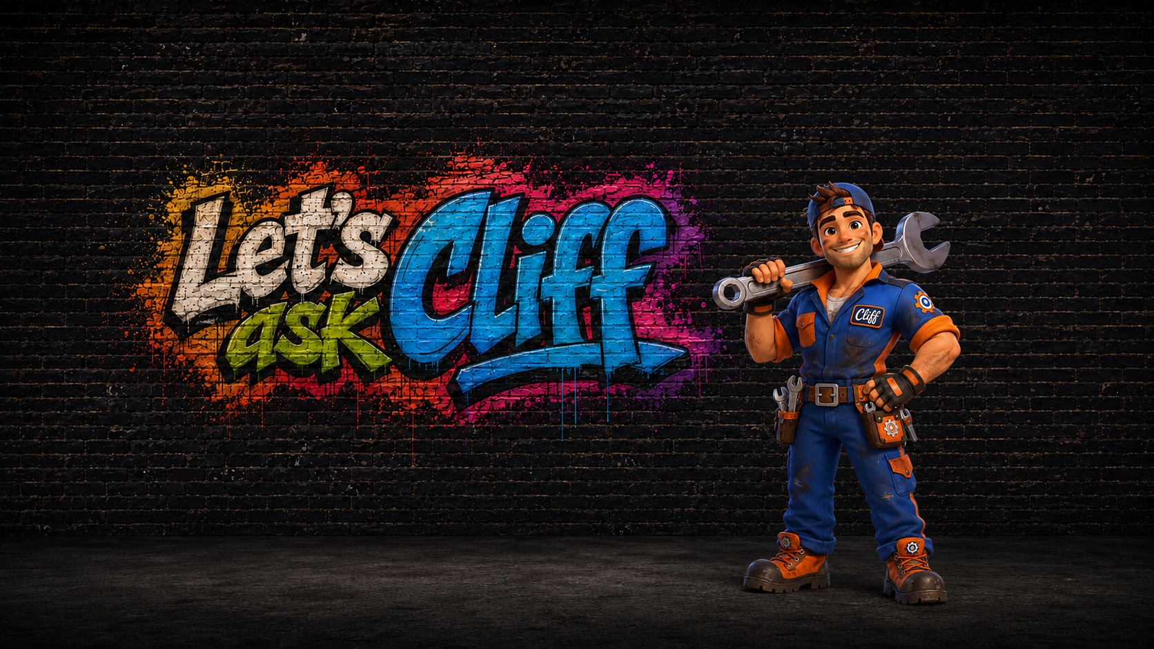 Cliff's Garage — Philadelphia BMW E-Chassis specialists. Graffiti wordmark with Cliff the cartoon mechanic.